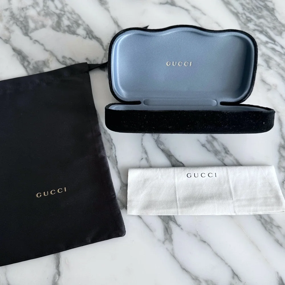 Gucci Black Velvet Sunglasses Case Blue Interior Dust Bag Cleaning Cloth Set